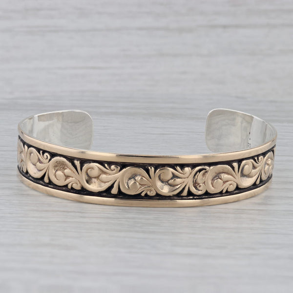 Ornate Floral Cuff Bracelet 14k Yellow Gold Sterling Silver 6.75" Levin