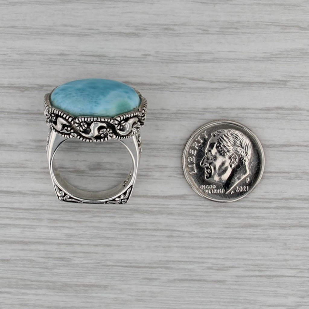 Marbled Blue Larimar Ornate Statement Ring Sterling Silver Size 6 Signed