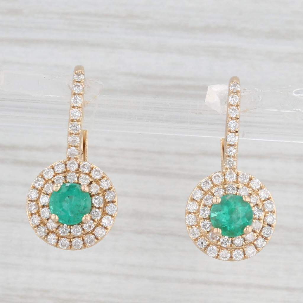 Light Gray 1.32ctw Emerald Diamond Halo Drop Earrings 14k Yellow Gold Lever Backs