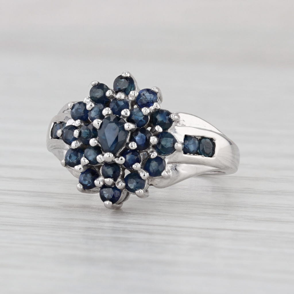 1.44ctw Blue Sapphire Cluster Ring 14k White Gold Size 6 Cocktail