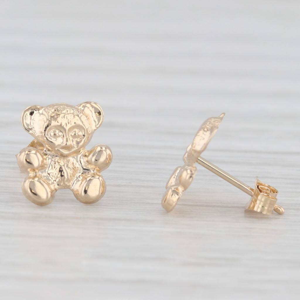 Light Gray Small Teddy Bear Stud Earrings 14k Yellow Gold