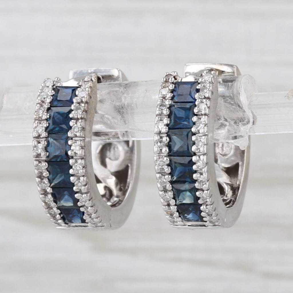 1.34ctw Diamond Sapphire Hoop Huggie Earrings 14k White Gold Hinged Round Hoops