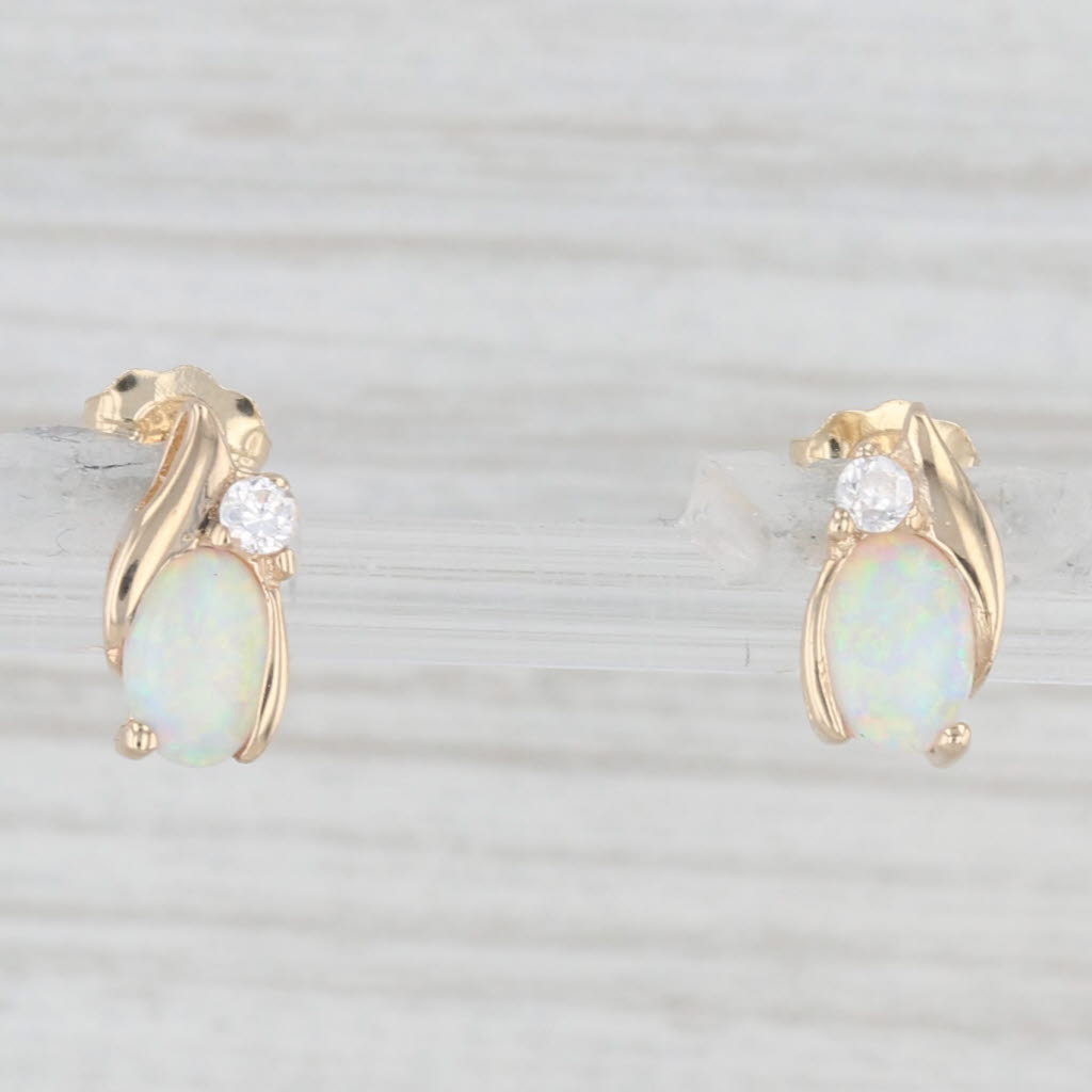 Light Gray Lab Created Opal Cubic Zirconia Stud Earrings 10k Yellow Gold