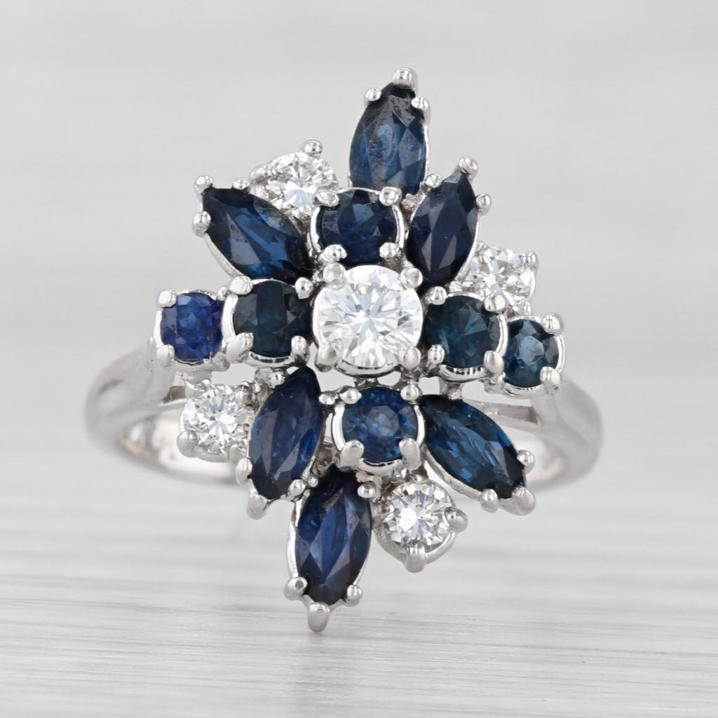 2.17ctw Blue Sapphire Diamond Cluster Cocktail Ring 14k White Gold Size 6.75