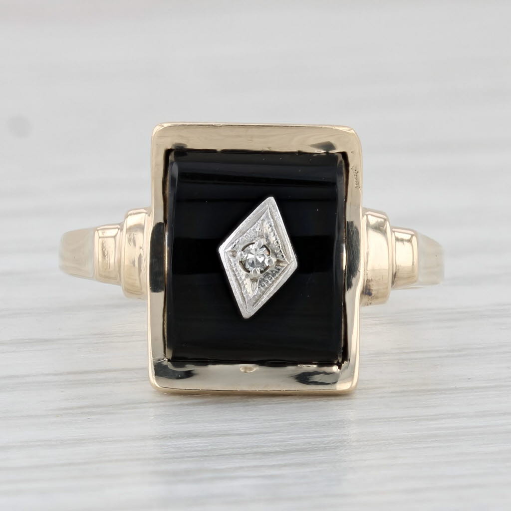 Light Gray Vintage Diamond Onyx Ring 10k Yellow Gold Size 5.75 Siget