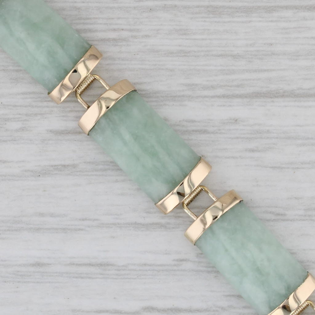 Gray Green Jadeite Jade Bar Link Bracelet 10k Gold 7.25" Chinese Good Fortune