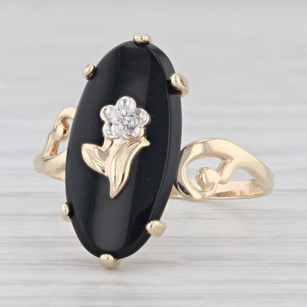 Light Gray Vintage Onyx Flower Signet Ring 10k Yellow Gold Size 5.5 Bypass PS Co