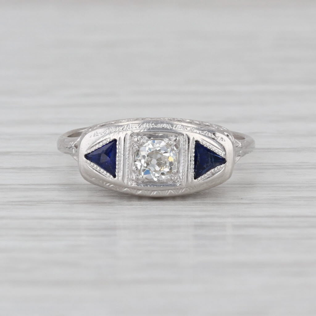 Art Deco Diamond Lab Created Sapphire Engagement Ring 18k White Gold Filigree