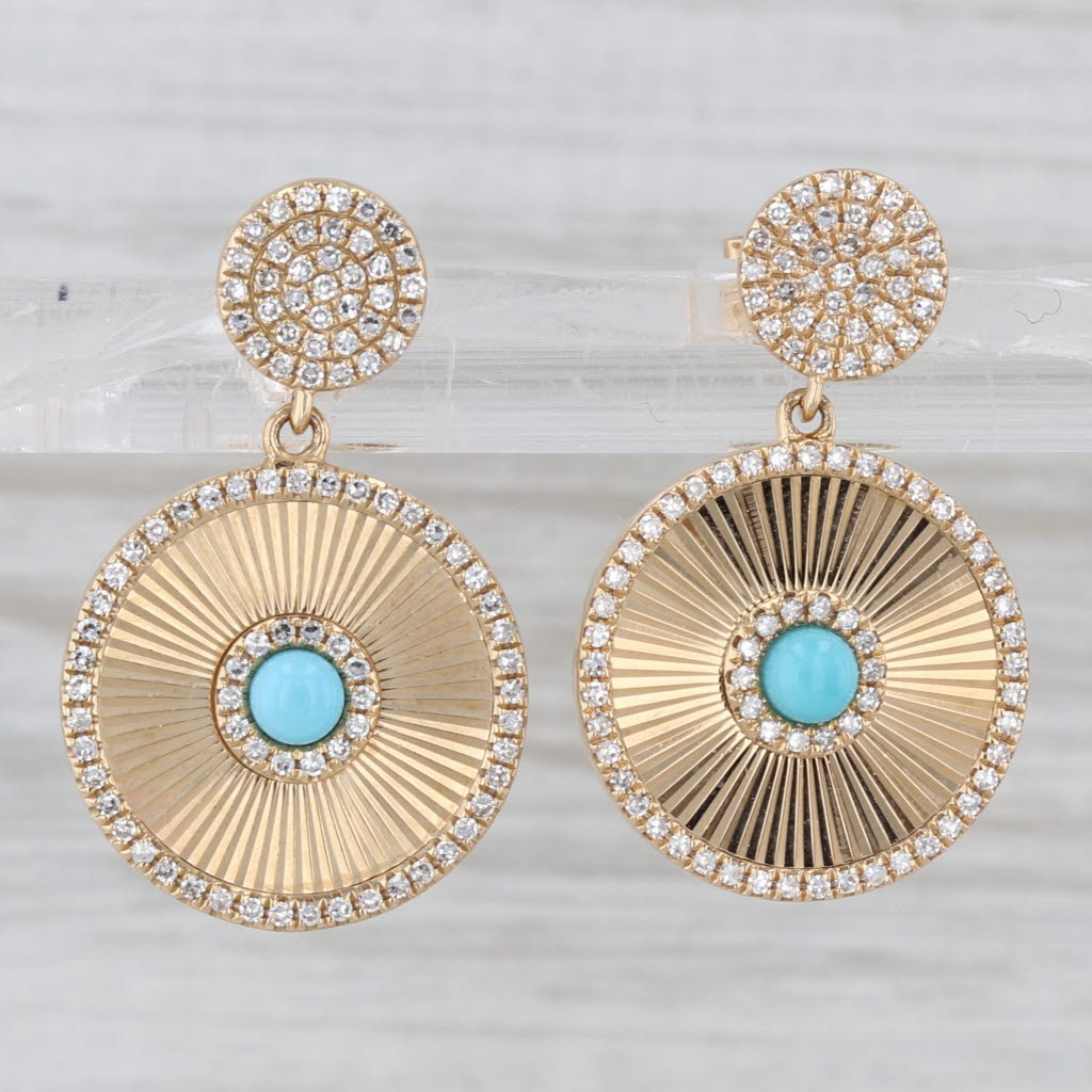 New Turquoise 0.38ctw Diamond Rayed Disc Dangle Earrings 14k Yellow Gold
