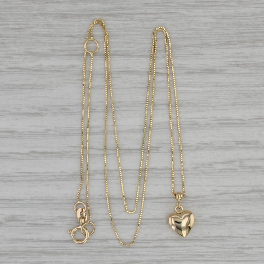 Puffy Heart Pendant Box Chain Necklace 14k Yellow Gold 16" 18"