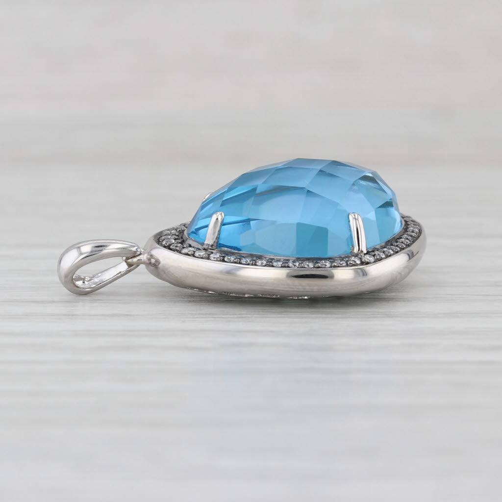Blue Topaz Mother of Pearl Doublet Diamond Halo Pendant 14k White Gold