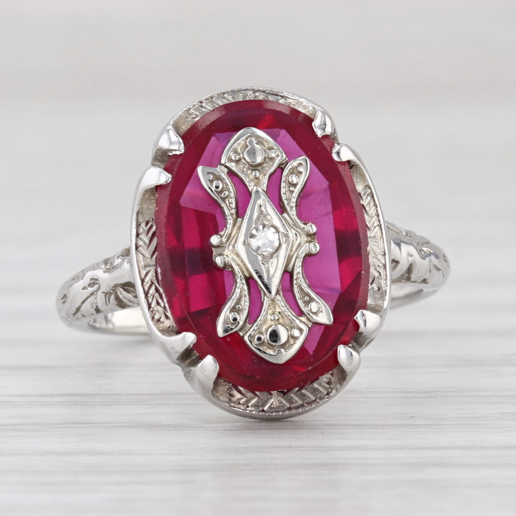 Ornate Vintage Lab Created Ruby Diamond Ring 14k White Gold Size 5.5