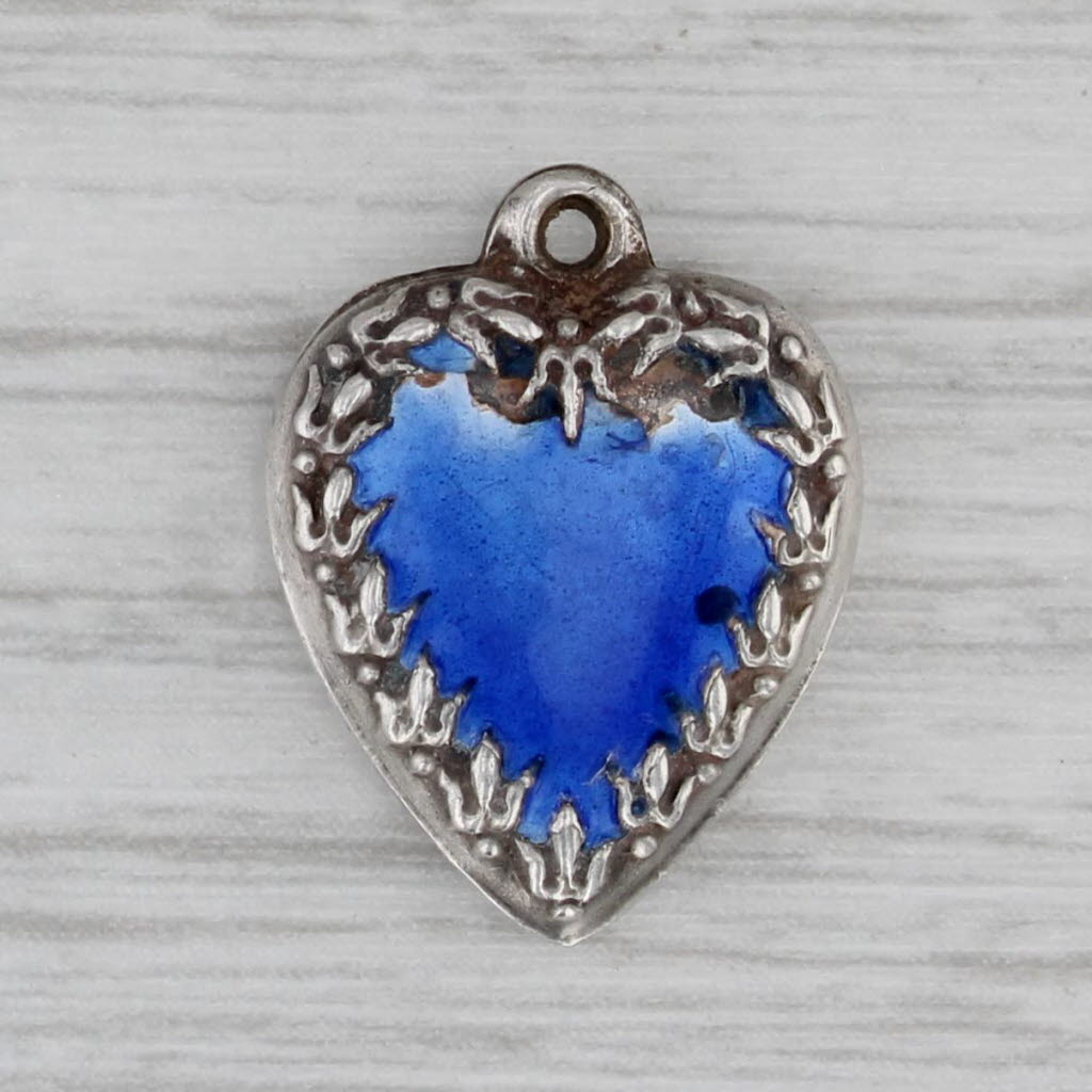 Gray Vintage Ornate Puffy Heart Charm Silver Enamel Engraved Pendant