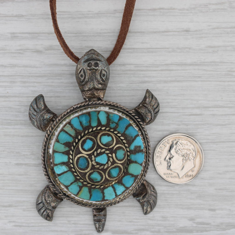 Vintage Turquoise Large Turtle Pendant Necklace Sterling Silver Leather Cord