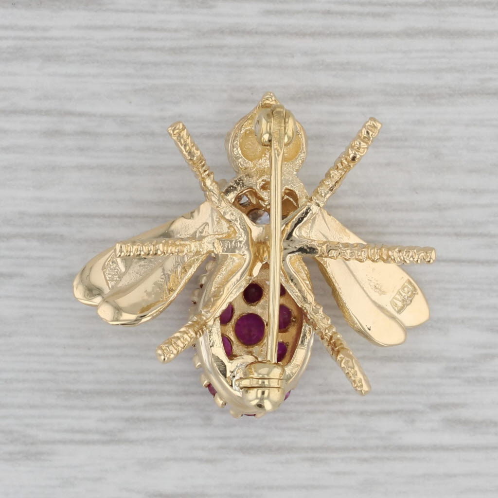 Gray 0.98ctw Ruby Diamond Bee Bug Brooch 18k Yellow Gold Pin