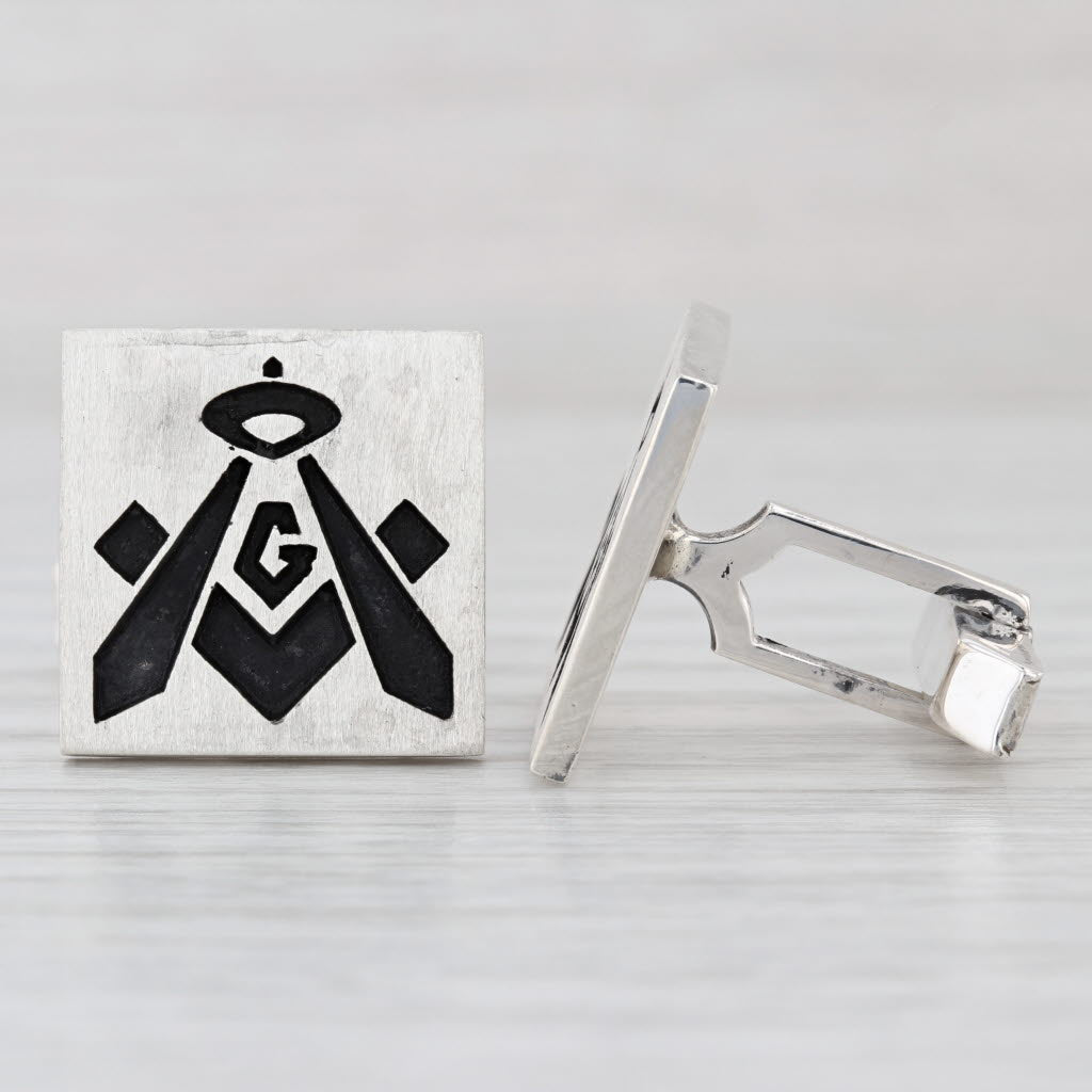 Masonic Cufflinks Sterling Silver Blue Lodge Square Compass Stencil Vintage Mens