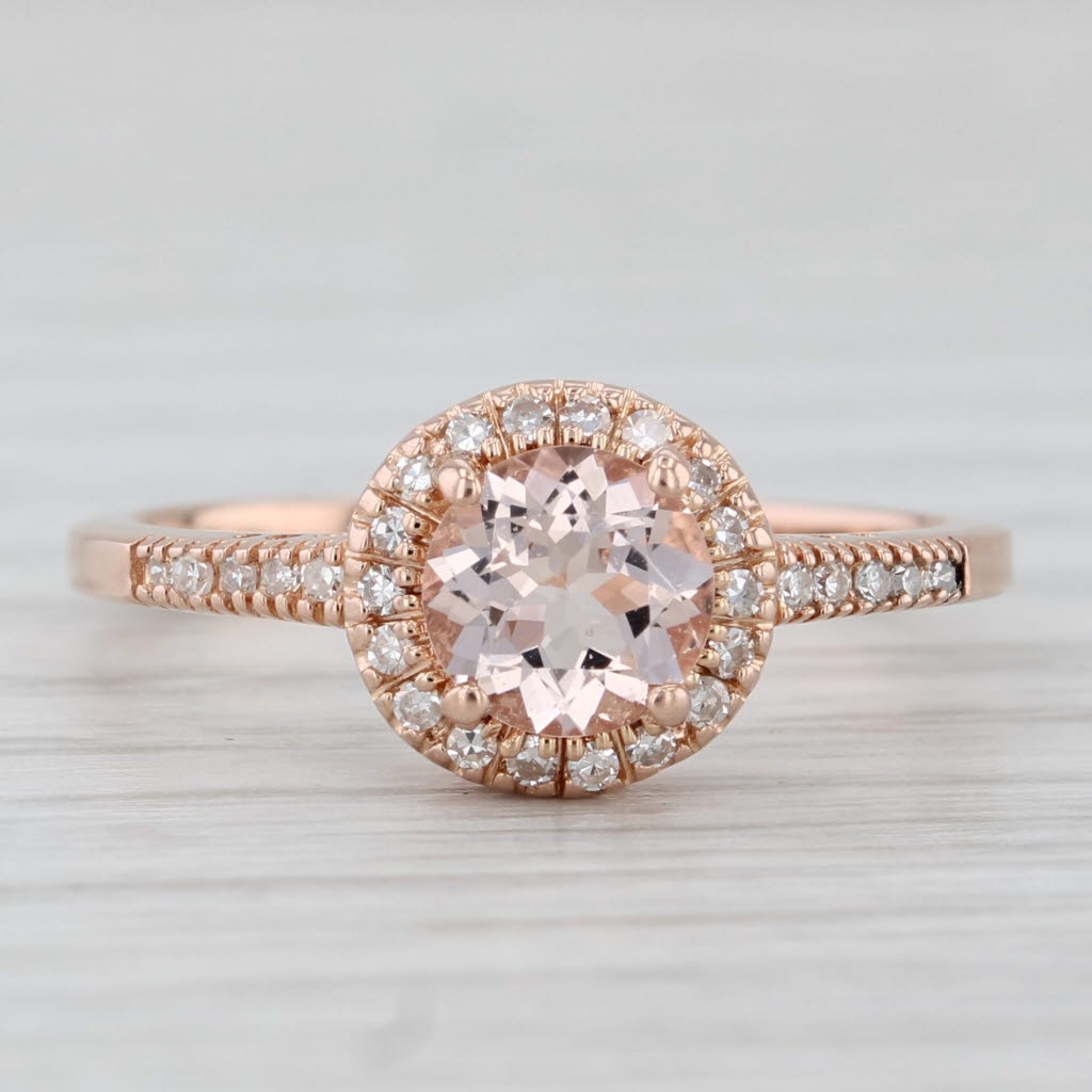 Light Gray 0.81ctw Round Morganite Diamond Halo Engagement Ring 14k Rose Gold Size 7