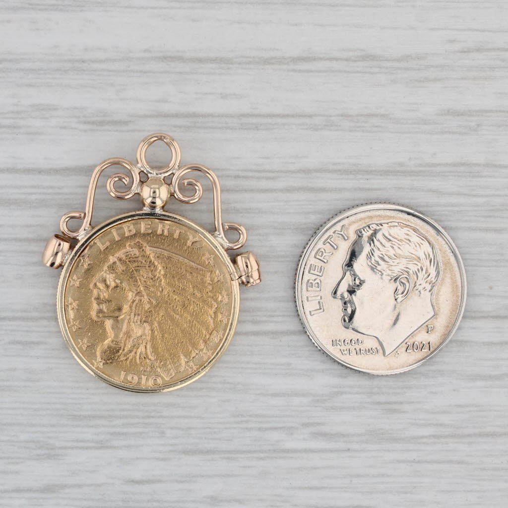Gray Authentic 1910 2.50 Indian Head Coin Pendant 10k Gold Bezel 900 Gold Coin