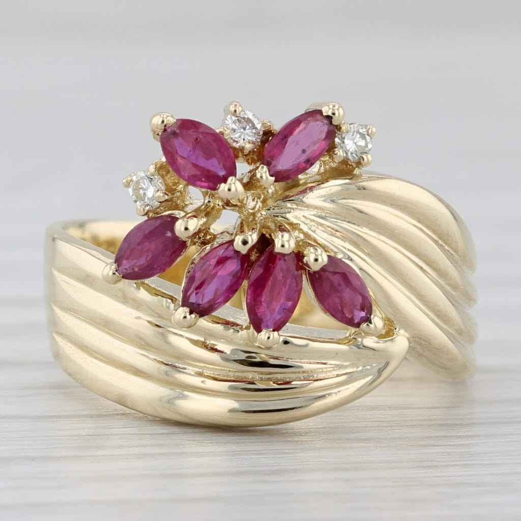 Gray 0.65ctw Ruby Diamond Flower Bypass Ring 14k Yellow Gold Size 6.5