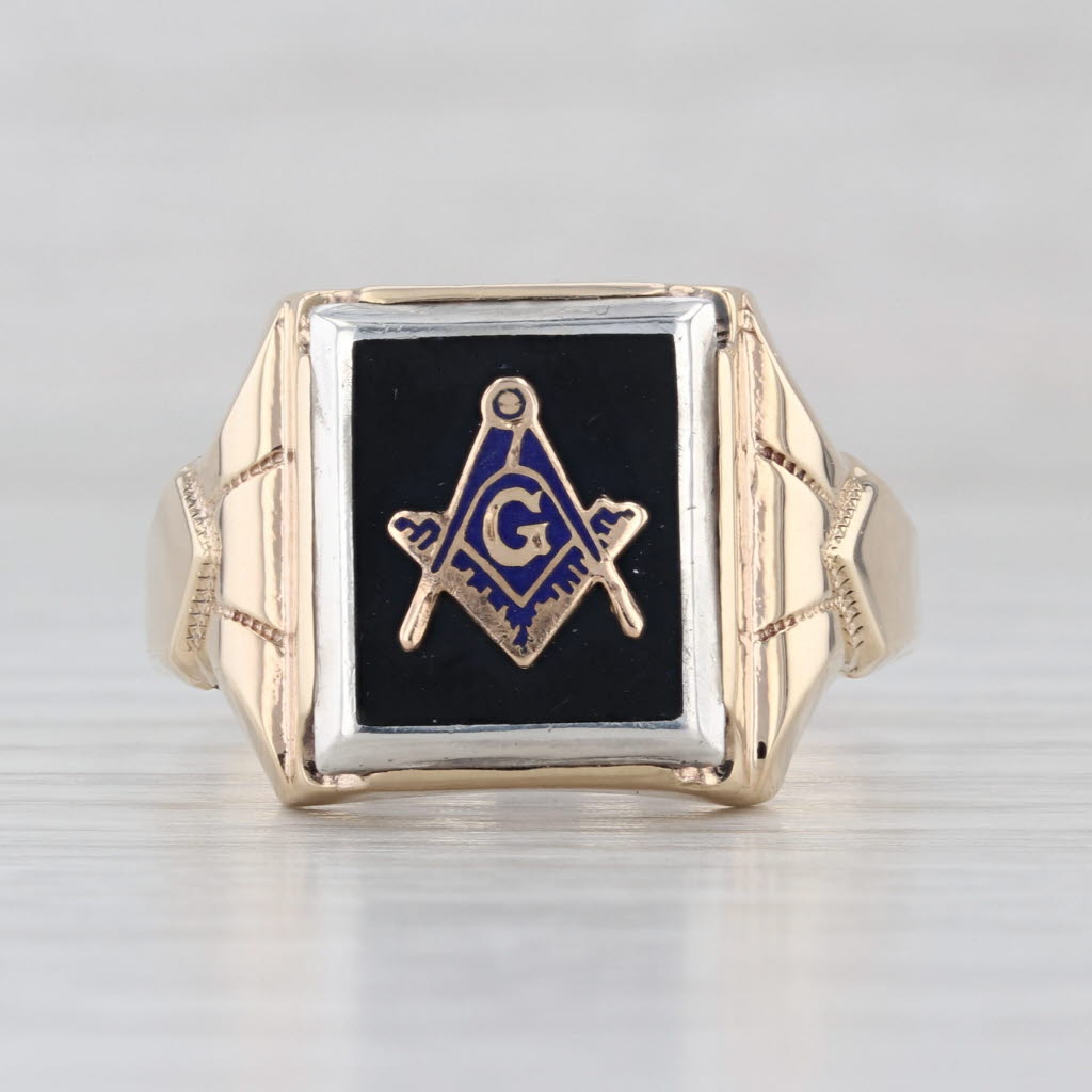 Vintage Enamel Masonic Signet Ring 10k Gold Sterling Silver Blue Lodge Size 14.5