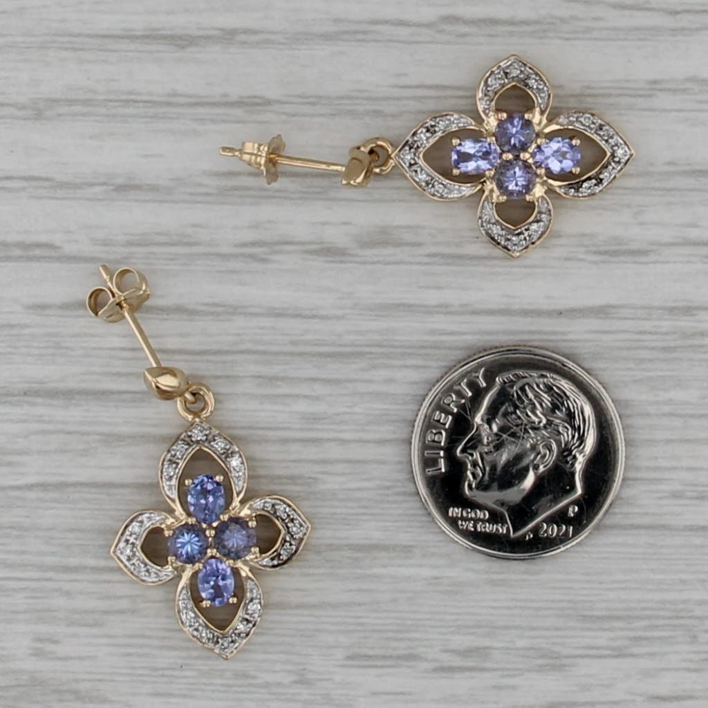 1.64ctw Tanzanite Diamond Flower Dangle Earrings 14k Yellow Gold Drops