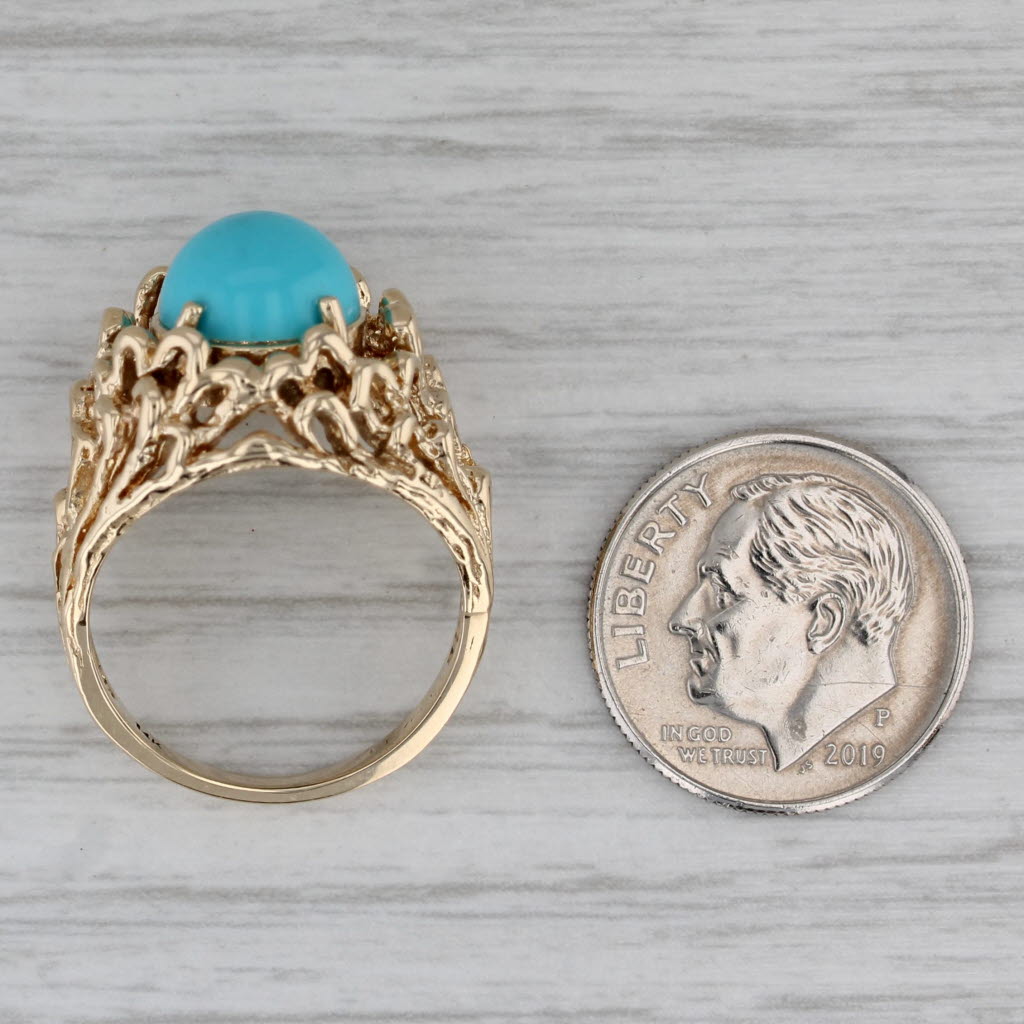 Gray Simulated Turquoise Ring 14k Gold Round Cabochon Size 6.5 Ornate Openwork