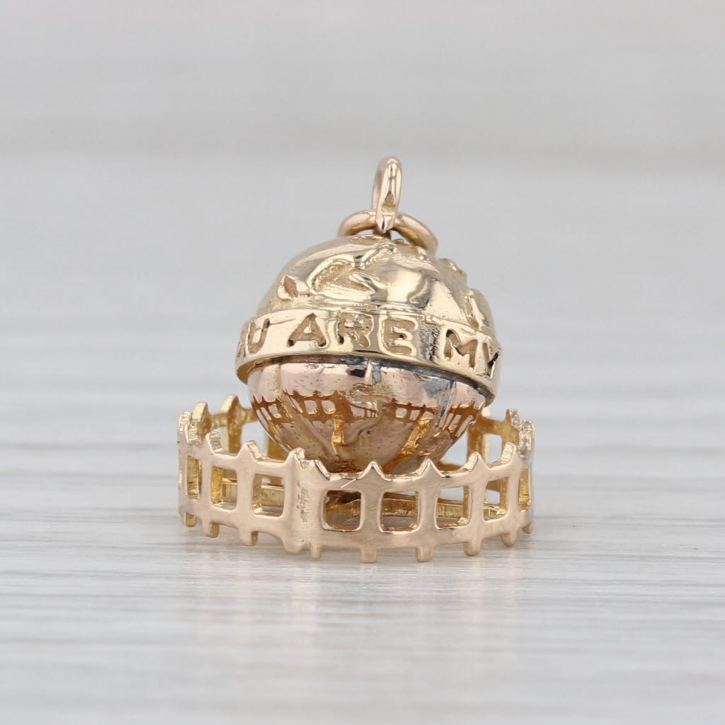Vintage You Are My World Globe Charm 14k Yellow Gold Pendant Spins 3D