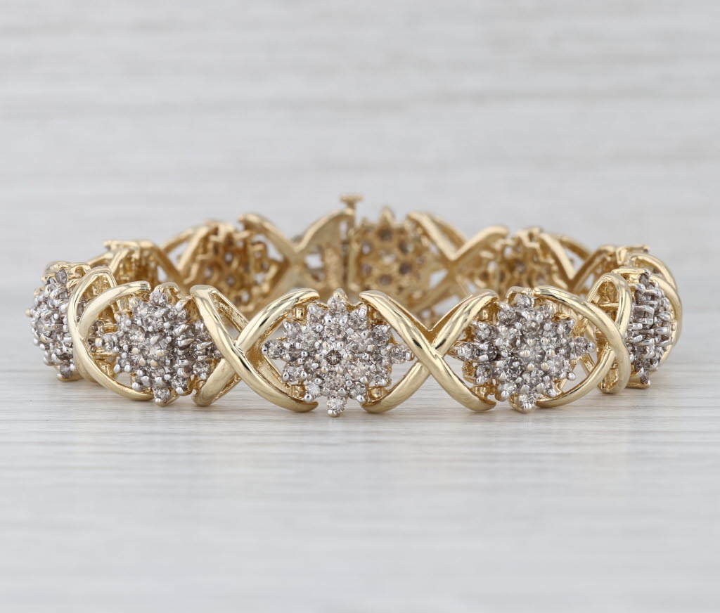5ctw Diamond Flower Clusters Bracelet 14k Yellow Gold 7" 12.5mm