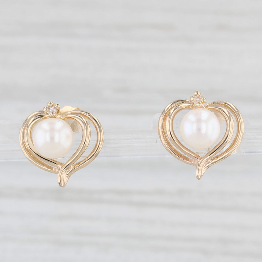 Light Gray Cultured Pearl Diamond Heart Stud Earrings 14k Yellow Gold