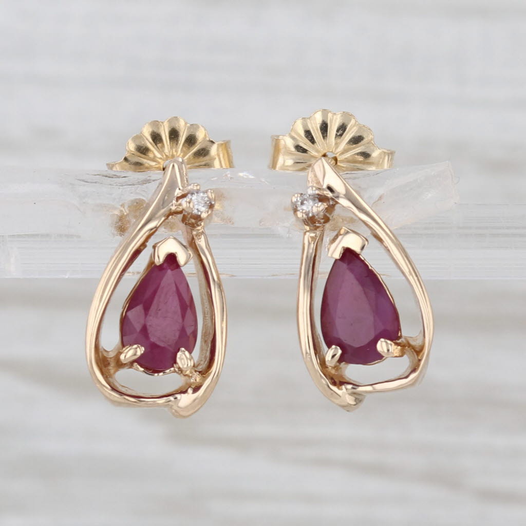 0.96ctw Ruby Teardrop Earrings 14k Yellow Gold Diamond Accents