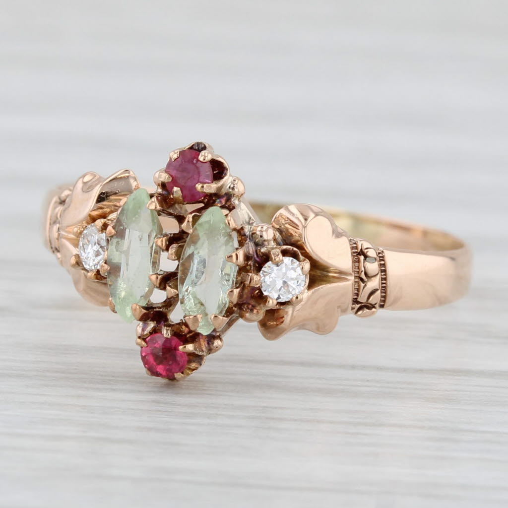 Light Gray Victorian Diamond Garnet Ruby Ring 10k Rose Gold Size 7.75 Antique