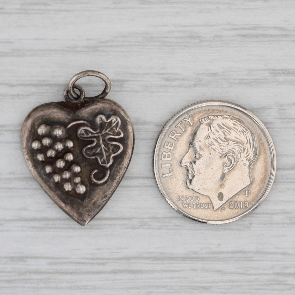 Gray Vintage Puffy Heart Grape Leaf Charm Sterling Silver Ornate Pendant