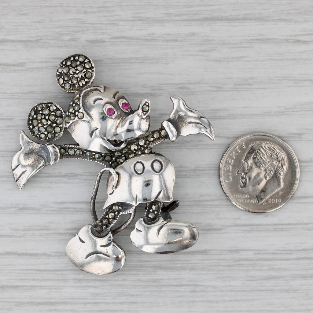 Gray Mickey Mouse Brooch Marcasite Lab Created Ruby Sterling Silver Disney Pin