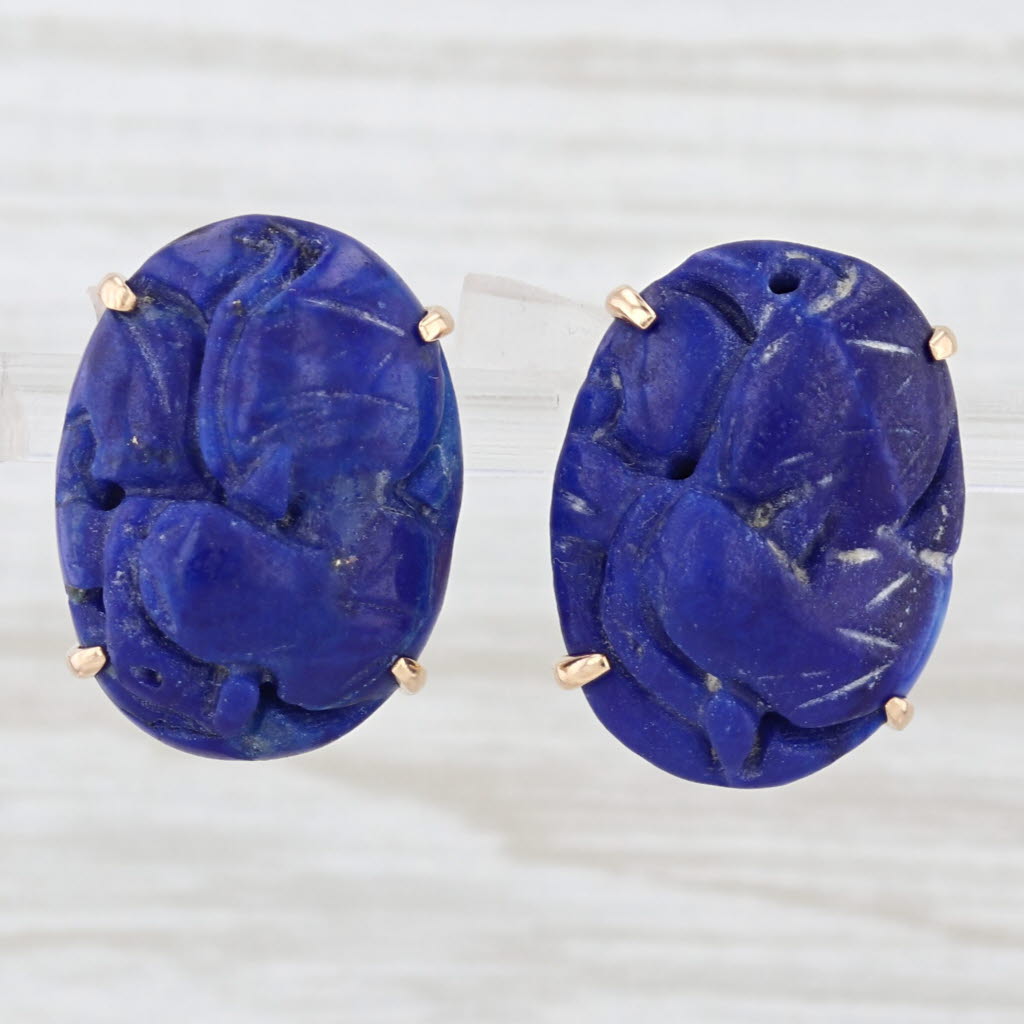 Vintage Carved Oval Lapis Lazuli Earrings 14k Yellow Gold Omega Backs