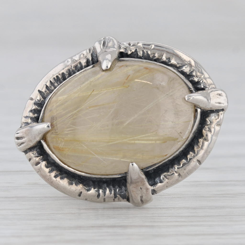 Gray Rutilated Quartz Oval Cabochon Ring Sterling Silver Size 6.75 Statement