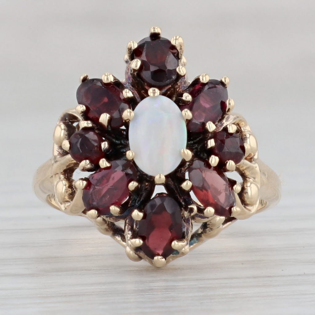 Gray Opal Garnet Flower Ring 10k Yellow Gold Size 6.25