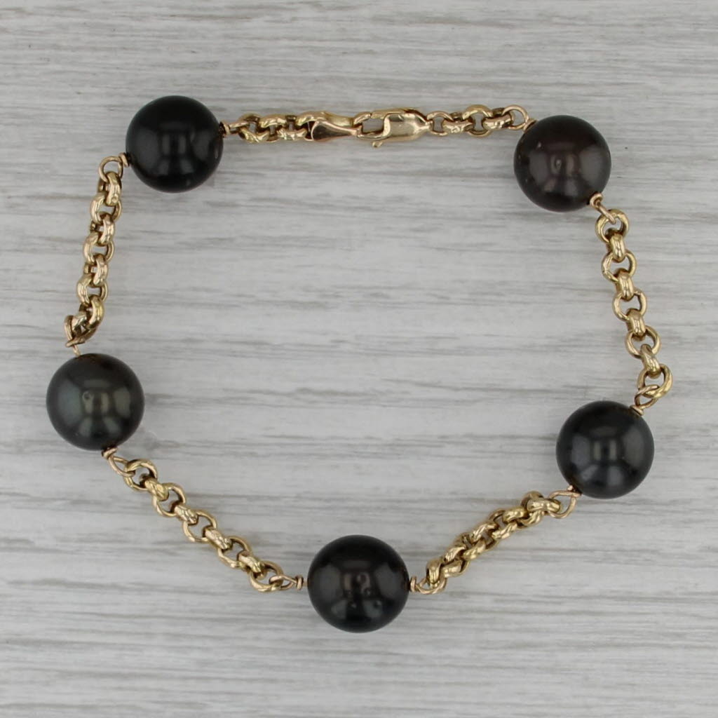 Cultured Black Pearl Bead Station Bracelet 14k Yellow Gold Rolo Cable Chain 7"