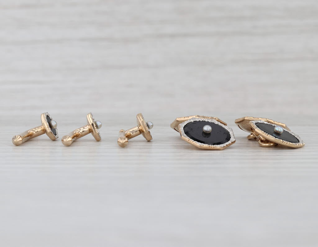 Vintage Onyx Pearl Cufflinks Shirt Studs Set 14k Gold Platinum Suite Accessories