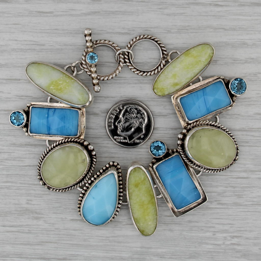 The Dreamers Topaz Prehnite Glass Statement Bracelet Sterling Silver Toggle 7"