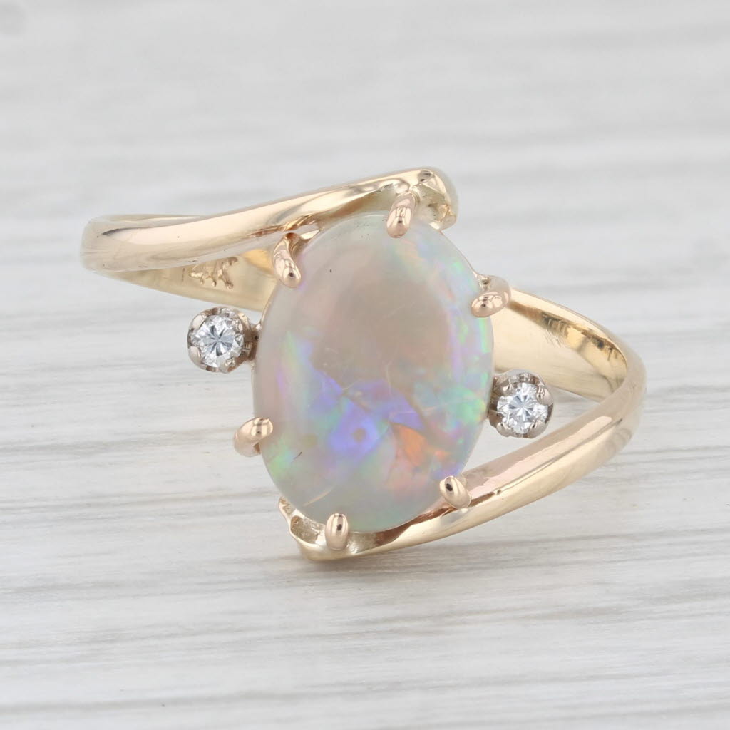 Light Gray Opal Diamond Bypass Ring 14k Yellow Gold Size 8