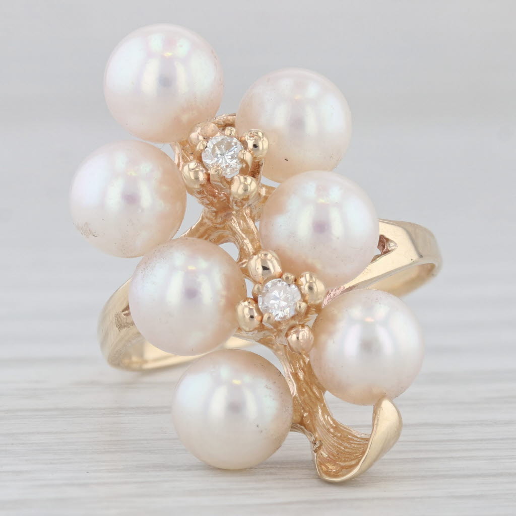 Light Gray Cultured Pearl Cluster Diamond Ring 10k Yellow Gold Size 8 Floral