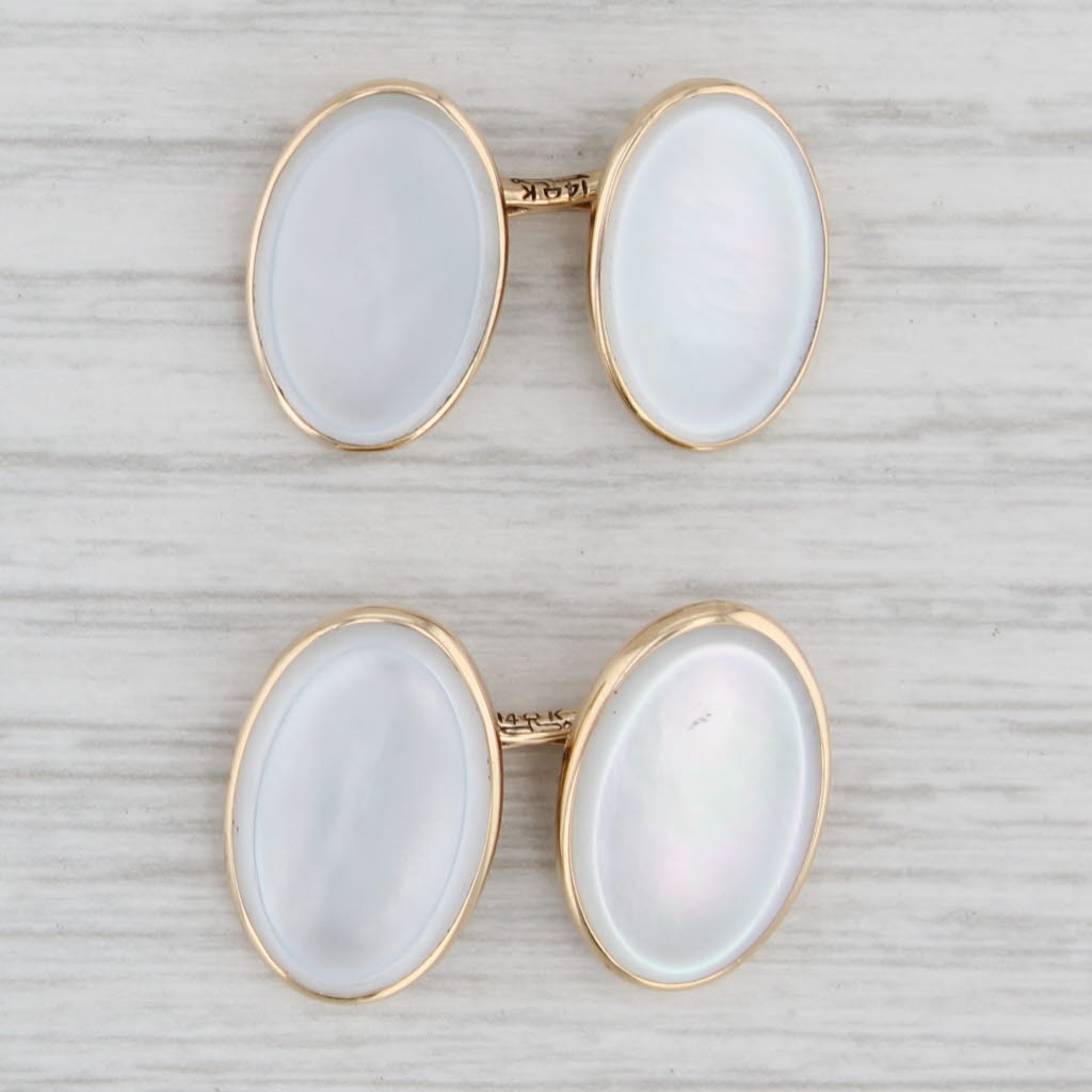 Light Gray Vintage Oval White Mother of Pearl Cufflinks 14k Yellow Gold Larter & Sons