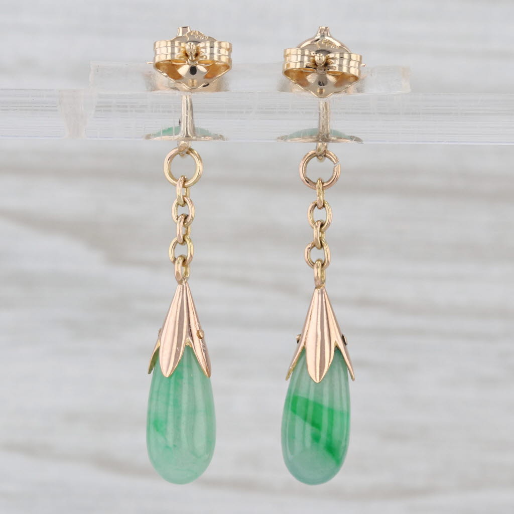 Green Jadeite Jade Cabochon Dangle Earrings 14k Yellow Gold Drops