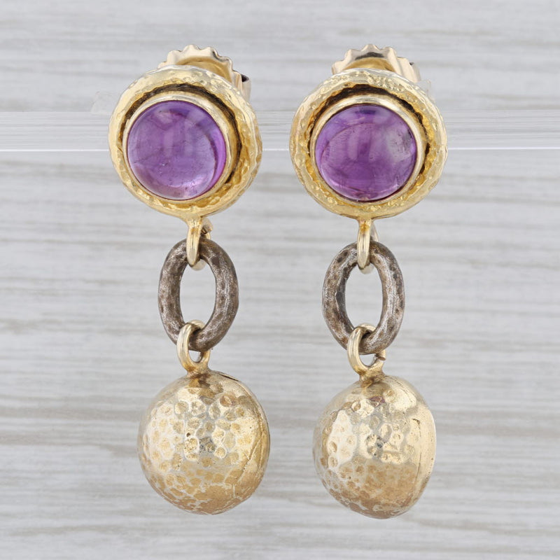 Gray Round Cabochon Amethyst Dangle Earrings Hammered Gold Plated Sterling Silver