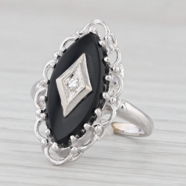 Light Gray Vintage Marquise Onyx Diamond Signet Ring 10k White Gold Small Size 3