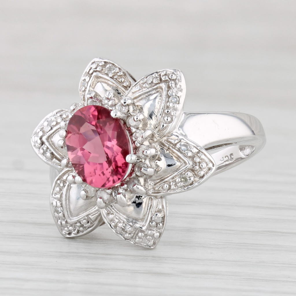 Light Gray 1.49ctw Pink Tourmaline Diamond Flower Ring 14k White Gold Size 7.5 Cocktail