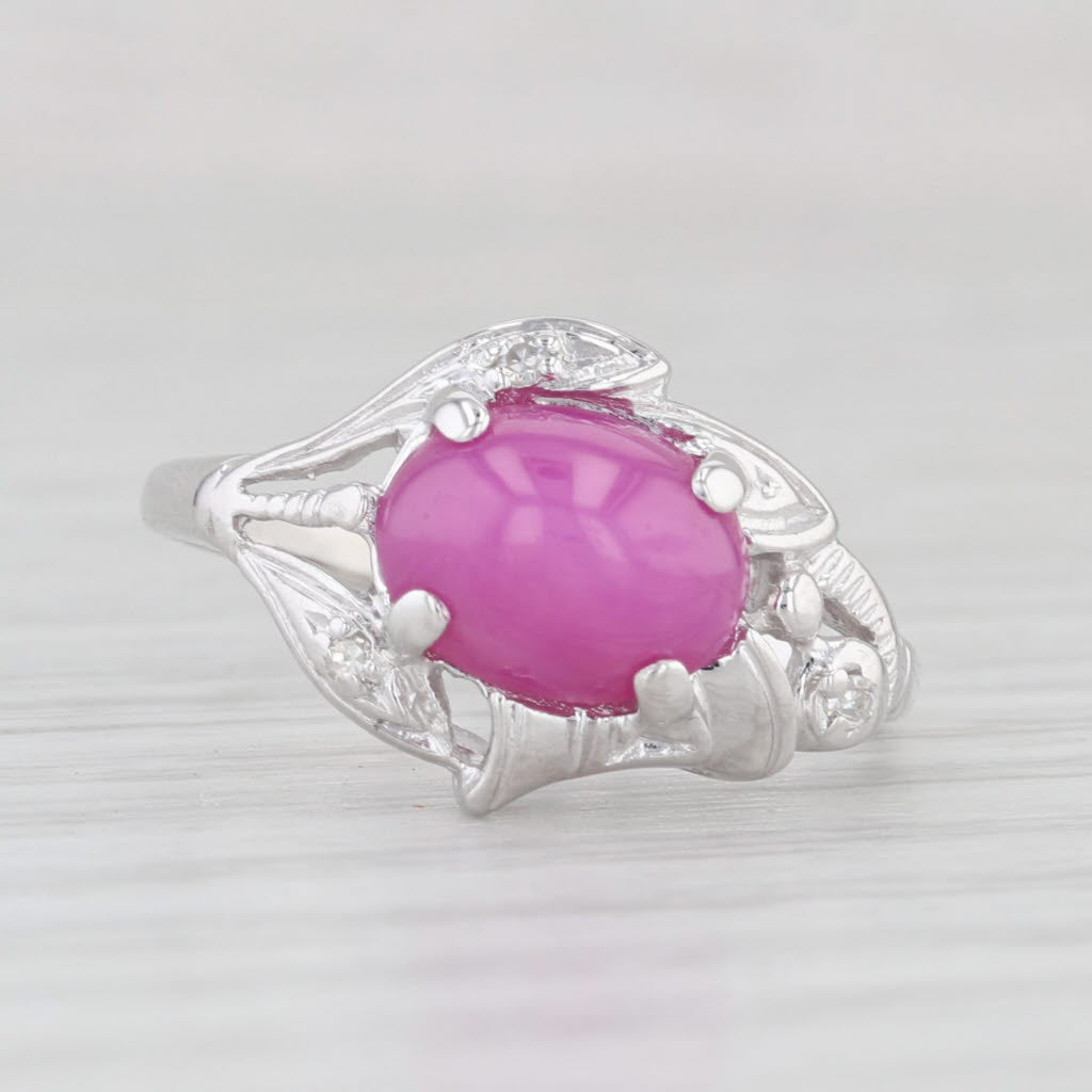 Light Gray Vintage Oval Cabochon Lab Created Star Ruby Diamond Ring 14k White Gold Size 7.5