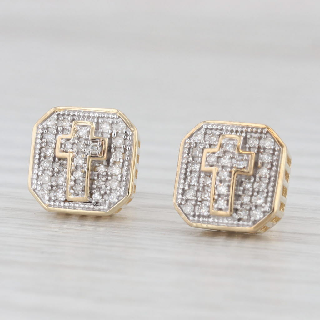 Light Gray 0.15ctw Pave Diamond Cross Stud Earrings 10k Yellow White Gold