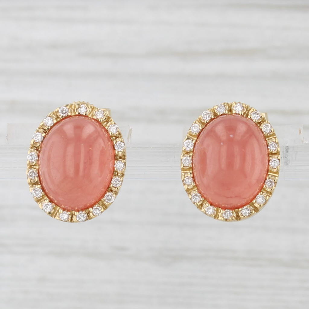 Morganite Cabochon Diamond Halo Stud Earrings 18k Yellow Gold Studs
