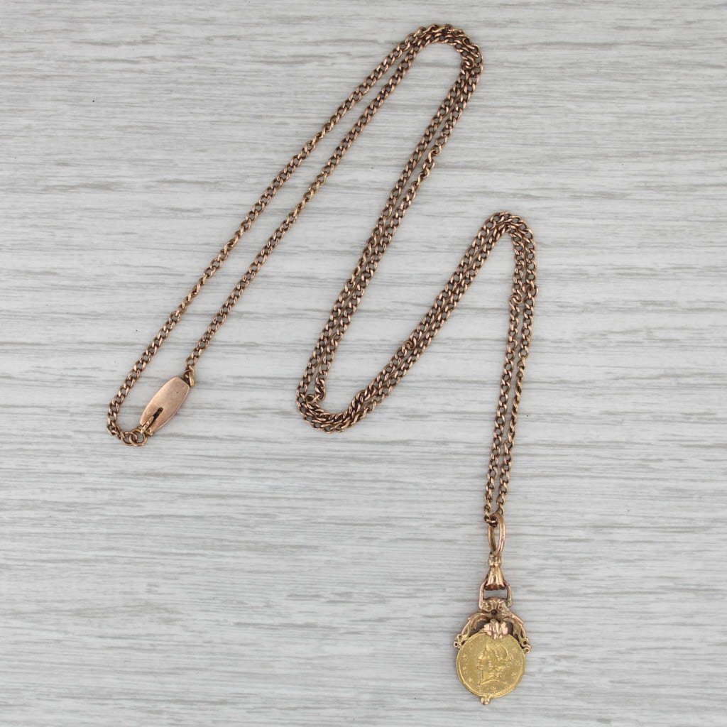 Antique 1849 1 Dollar Liberty Head 22k Gold Coin Pendant Necklace 10-12k Chain